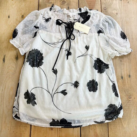 Monteau Los Angeles Blouse Floral NWT L Lined Cream Black - Picture 1 of 9